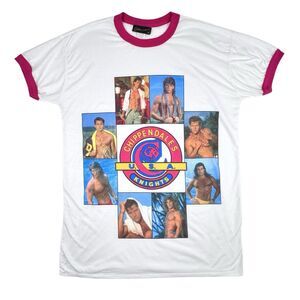 Vintage 90s Chippendales Stripper Sleep Shirt Pink Ringer Tee Single Stitch USA